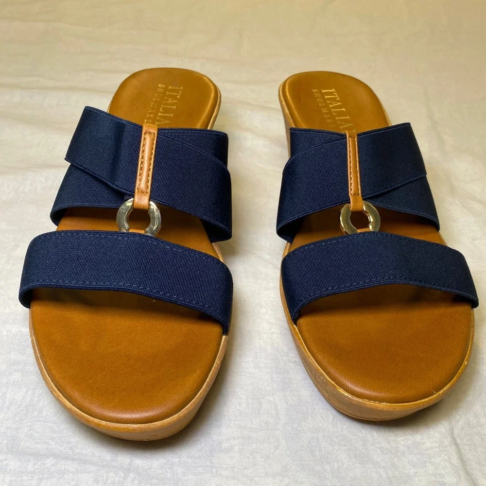 Italian Shoemakers Navy Stretch Wedge Slide Sandals Women's Size 9M Italy